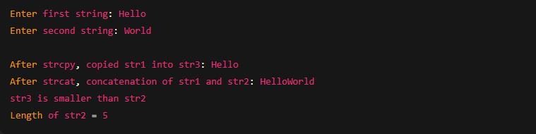 Accept two strings using character arrays. Use string functions `strcpy ...