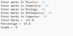 Write a python program to input marks of five subjects Physics ...
