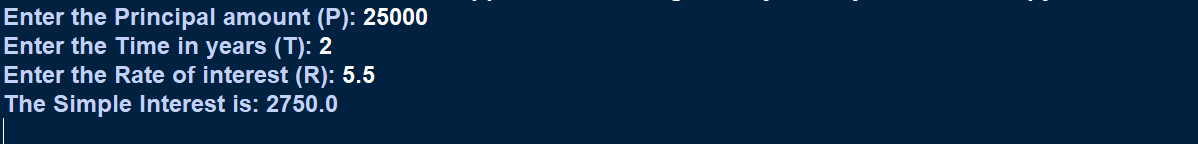 Write a Python program to enter P, T, R and calculate Simple Interest.
