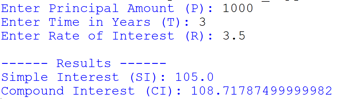 Write a python program to enter P, T, R and calculate Simple Interest ...